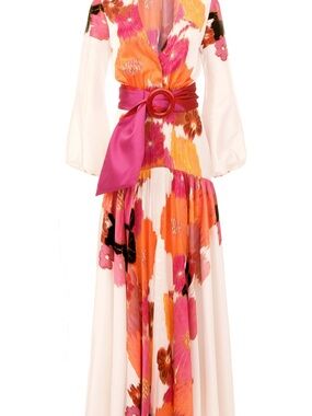 Silvia Tcherassi Pink and Orange Floral Silk Maxi Dress with Sash
